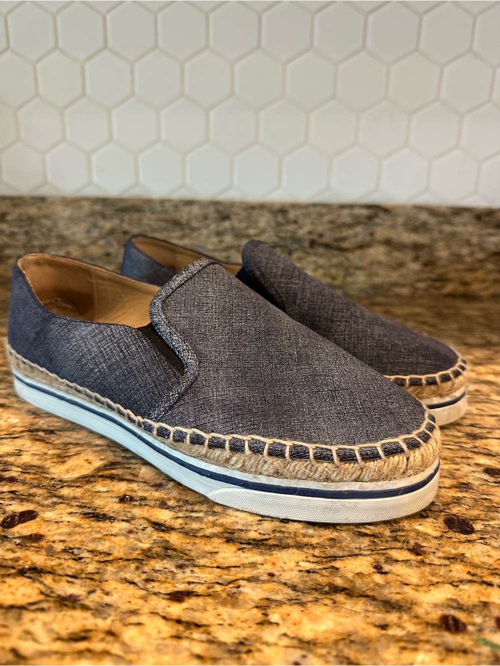 Jimmy Choo Navy Chambray Slip-On Espadrilles with Jute Trim
